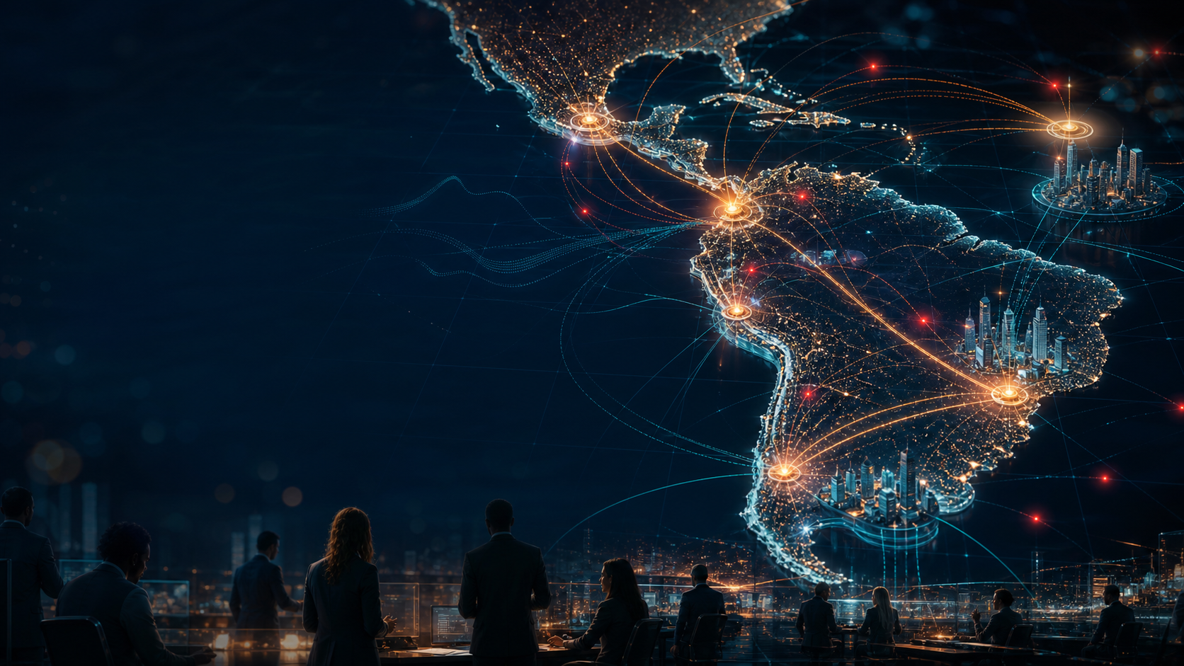 A cinematic command centre showing AI and cloud routes connecting Latin American markets