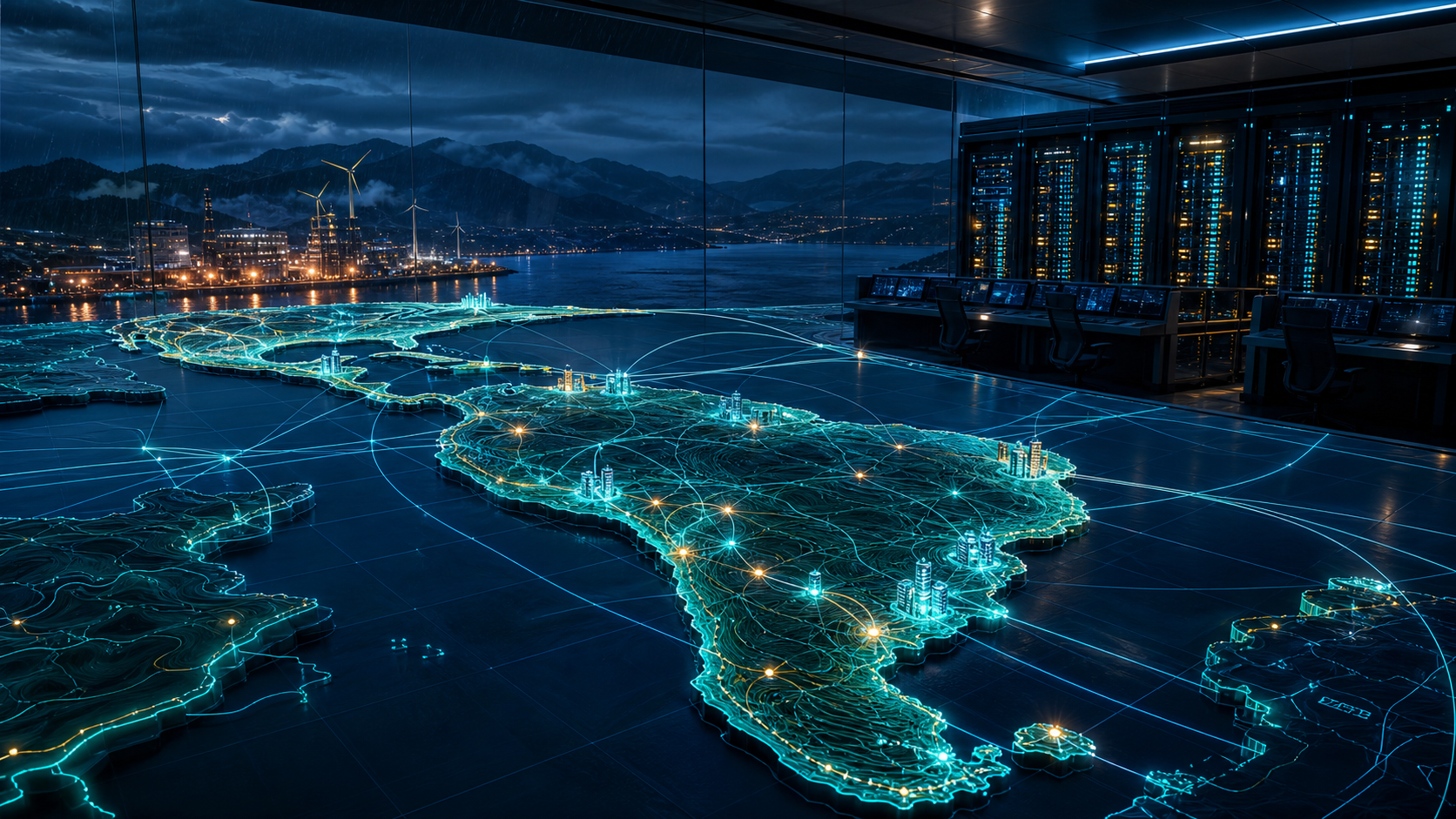 A secure cloud operations room and illuminated map of Latin America showing data infrastructure routes