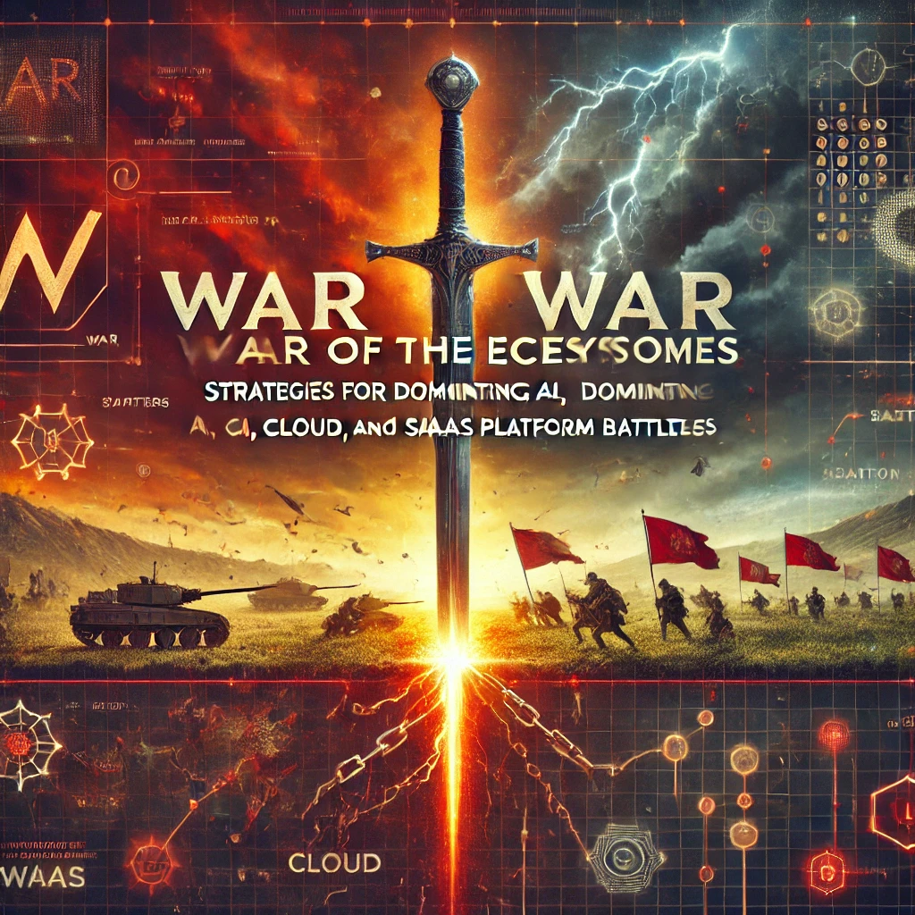 Representación épica de la guerra tecnológica con tanques, soldados y una espada que divide reinos, simbolizando los enfrentamientos estratégicos dentro de las plataformas de IA, nube y SaaS en la batalla por el dominio digital.
