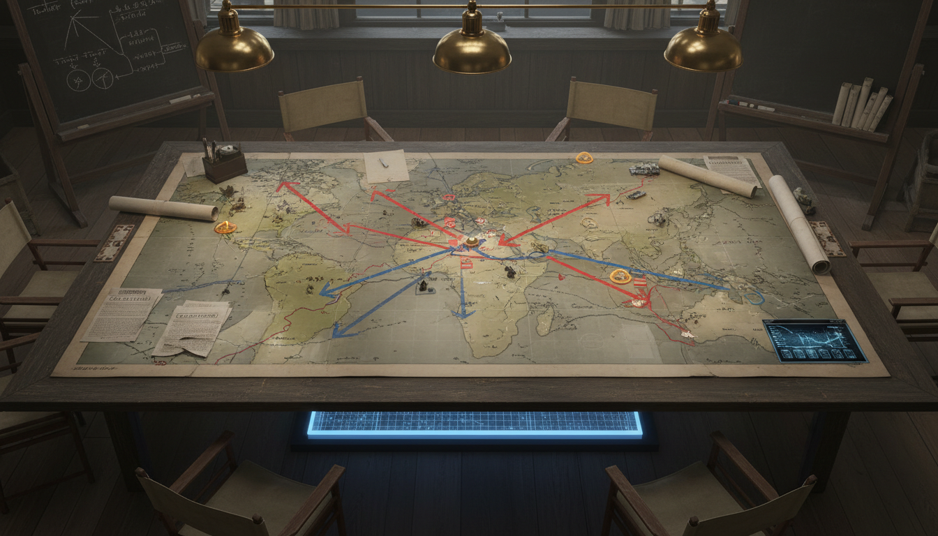 Vista de ángulo alto de un mapa de guerra estratégico con territorios marcados y planes de batalla
